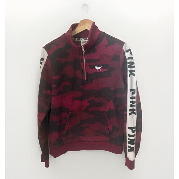 VS Victorias Secret Pink Perfect Camo Quarter Zip Sweater Deep Ruby Gym Casual L - Picture 1 of 7